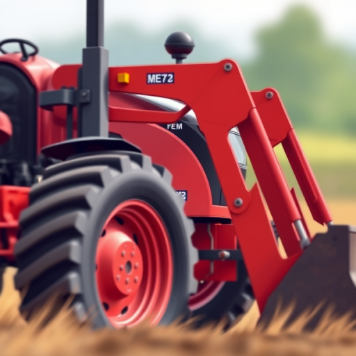 Create a high-resolution illustration of a red tractor with a front loader, side view, using a digital art style, simulating a macro photography lens effect with a blurred background for depth.