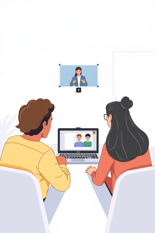 Create a digital illustration of a virtual meeting scenario featuring three diverse individuals engaged in remote communication, with a central laptop displaying a presenter, using a clean and modern art style, 24mm lens, f/5.6 aperture for depth of field, 1/60s shutter speed, and bright, balanced colors for clarity.