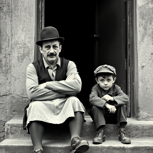 A black-and-white photograph of a man and a child sitting on steps in front of a doorway. The man is dressed as a tramp with a bowler hat, mustache, and ragged clothes, reminiscent of Charlie Chaplin's iconic look. He is sitting with his arms crossed and an expression of slight sadness or frustration. Next to him is a young boy, also in worn clothes and a cap, sitting with his hands clasped, looking thoughtful. The background is an old, textured wall and a partially open door, creating a vintage, early 20th-century atmosphere.