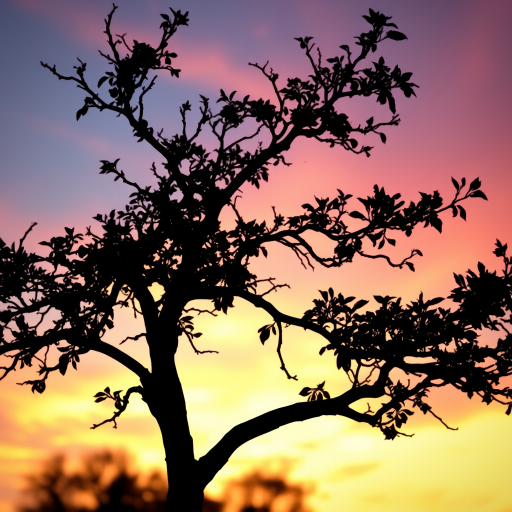 Create an artistic black silhouette of a tree with intricate branches and leaves against a vibrant sunset background, shot with a DSLR camera at f/8 aperture, ISO 100, 50mm lens, with a slightly blurred foreground to enhance depth of field.