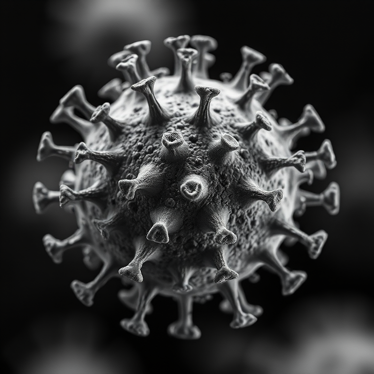 macro photograph of a virus with sharp details and high contrast, f/2.8 aperture, ISO 100, 100mm lens, focal length 100mm, DSLR camera, natural lighting, monochrome style