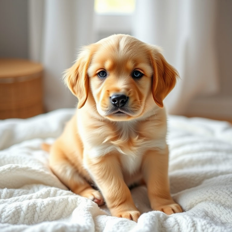 Generate an image of a golden retriever puppy sitting on a cozy white blanket with natural soft lighting, using a DSLR camera with a 50mm lens, aperture set to f/1.8, ISO 200, and a shallow depth of field for a blurred background.