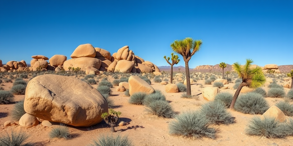 Capture a desert landscape featuring large boulders and Joshua trees in the foreground with a clear blue sky, using a DSLR camera, 24mm lens, aperture f/8, ISO 100, and a shutter speed of 1/200 sec for enhanced depth of field and clarity.
