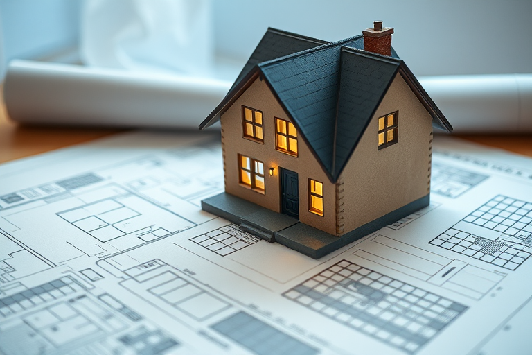 Regenerate an image of a small model house on top of architectural blueprints with soft, diffused lighting, using a Canon EOS R5 camera, 50mm lens, aperture f/1.8, ISO 200, at a slight angle for a dynamic perspective.
