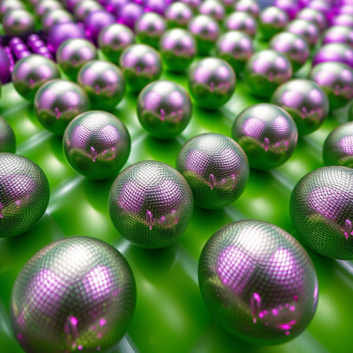 Generate an abstract image featuring a pattern of spheres and stripes in shades of green, purple, and metallic textures, taken with a DSLR camera at f/8 aperture, ISO 100, 50mm lens, shot from a top-down view, using a shallow depth of field for enhanced focus on the texture details.
