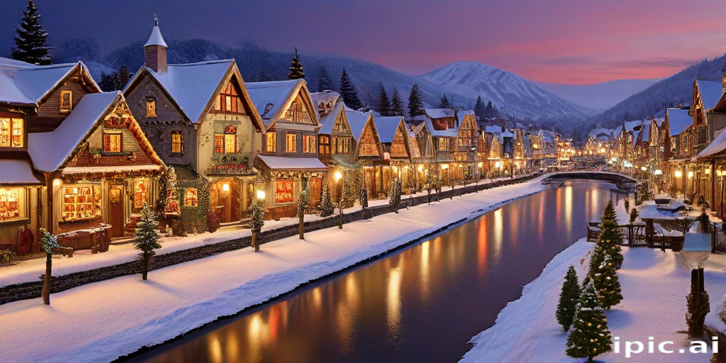 Charming Winter Village Scene with Snow-Covered Houses and Serene Canal