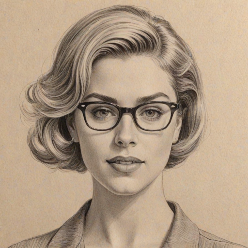 Comely Greta Garwig, pencil sketch, portrait of Ravishing woman 1957s in glasses, hair style beatnik, outline, clear lines, fine lines, 8k