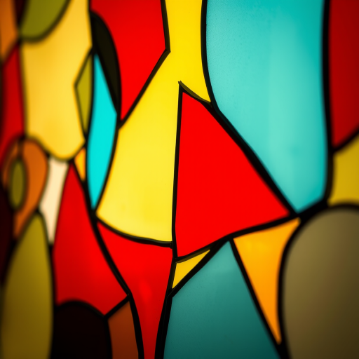 Create a vibrant abstract image of assorted colorful stained glass shapes with a focus on a warm palette of reds, yellows, and blues, captured with a Canon EOS R5, 50mm lens, f/1.8 aperture, ISO 100, and a close-up view to enhance detail and texture.