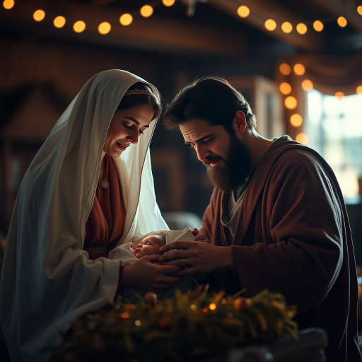 Create a nativity scene depicting Mary and Joseph gazing lovingly at the newborn Jesus in a softly illuminated stable, using a Canon EOS R5 camera with a 50mm f/1.2 lens, ISO 100, aperture set to f/2.8, and a shallow depth of field to enhance the warmth and intimacy of the moment with soft bokeh in the background.