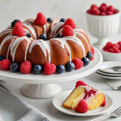 Create an image of a beautifully decorated bundt cake with a variety of fresh fruits on top, including raspberries, blueberries, and slices of citrus. The cake should have a light, fluffy texture and be adorned with elegant swirls of cream. The setting is bright and inviting, with a simple white plate and a soft background.