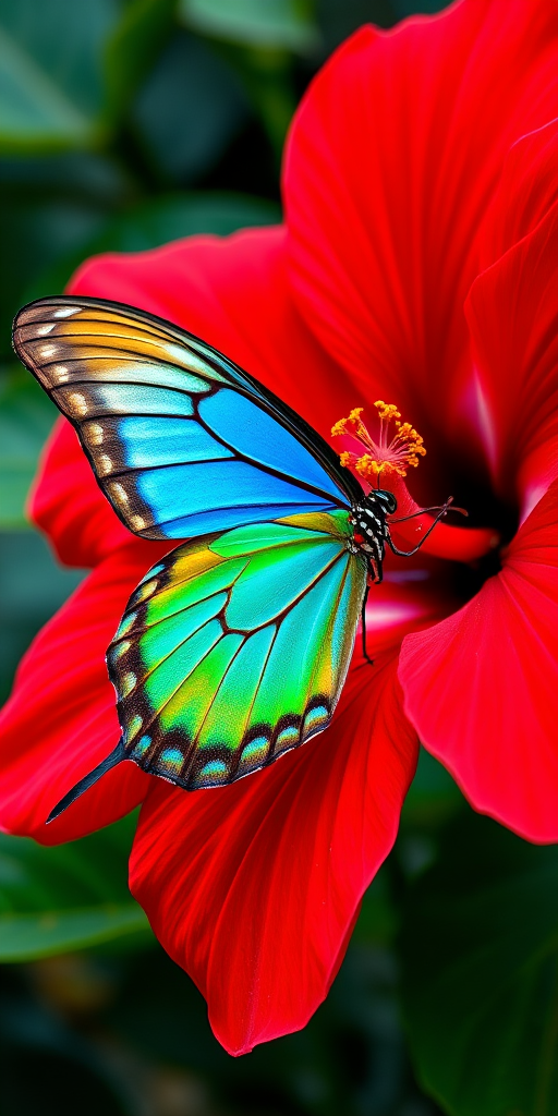 Generate an image of a vibrant butterfly with blue and green wings perched on a large red hibiscus flower. The background should emphasize the rich red petals of the flower, creating a striking contrast with the butterfly.
