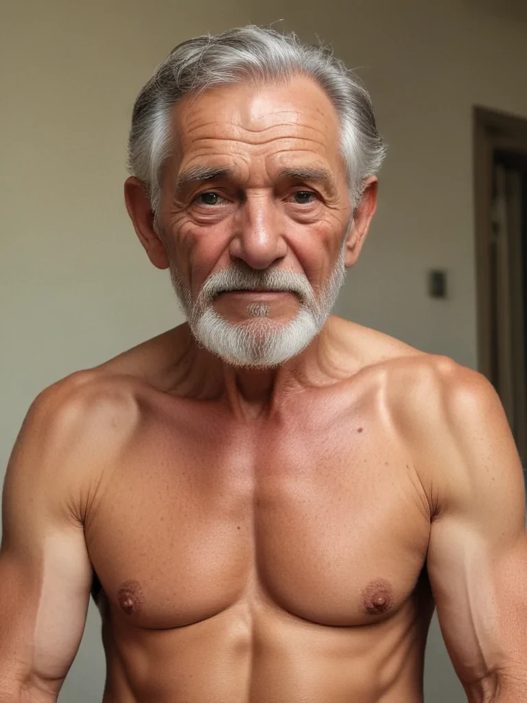 shirtless old man