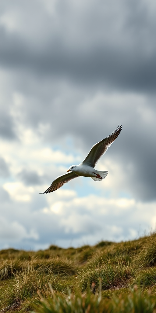 Capture a seagull in mid-flight over a grassy landscape under dramatic cloudy skies, using a DSLR camera with a 200mm lens, f/5.6 aperture, ISO 400, shutter speed 1/1000s, high dynamic range to enhance details and colors.