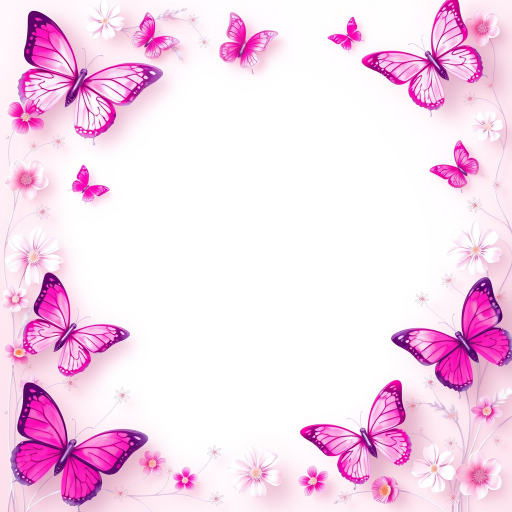 Create a vibrant and whimsical border design featuring various butterflies in shades of pink and purple. The center should be left blank for text, while the butterfly motifs should be delicately arranged in the corners and along the edges, creating a soft, inviting atmosphere. Include subtle floral elements in the background to enhance the overall aesthetic.