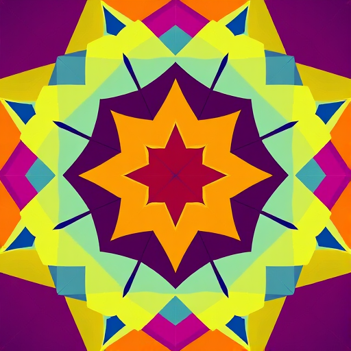 Create an abstract geometric pattern with vibrant colors and sharp angles, using a DSLR camera with a 50mm lens, f/1.8 aperture, ISO 100, shot from a top-down view for clarity and vividness.