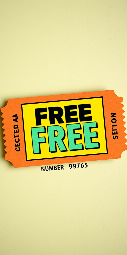 Create a brightly colored ticket design with large, bold text reading "FREE FREE" prominently in the center, include "NUMBER 98765," "SECTION A," and "CODE 12456," use a flat lay camera view, set aperture to f/8 for depth of field, shutter speed 1/125 sec, ISO 100, and use a digital DSLR camera for high resolution.