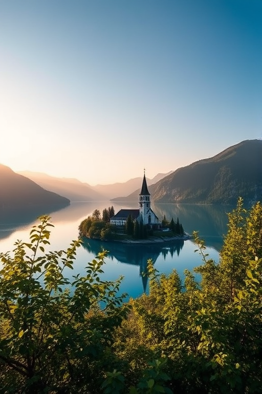capture a breathtaking view of an island church on a clear blue lake surrounded by lush green mountains at sunrise, use a Canon EOS R5 with a 24-70mm f/2.8 lens, aperture set to f/8 for sharpness, ISO 100 for clarity, and shoot from a high vantage point with a slight tilt to emphasize the foreground foliage.