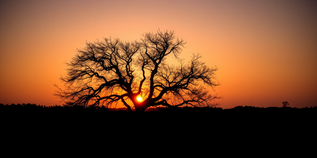 Capture a high-resolution image of a silhouette of a tree against a sunset, using a DSLR camera at f/8 aperture, ISO 100, 1/200 shutter speed, with a wide-angle lens at 24mm, shot from a low angle to enhance depth.