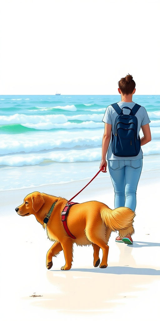 Draw a person walking a golden retriever dog along a beach with soft waves in the background, use a vibrant color palette, create a serene atmosphere, capture the scene with a DSLR camera at f/2.8, 50mm lens, and a shallow depth of field to enhance the focus on the subjects, in a natural light setting.