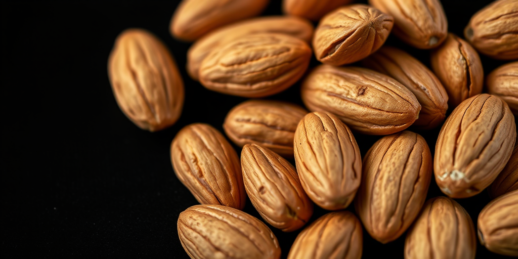 High-resolution close-up of raw almonds on a solid black background, f/2.8 aperture, ISO 100, shutter speed 1/60s, macro lens, natural lighting.