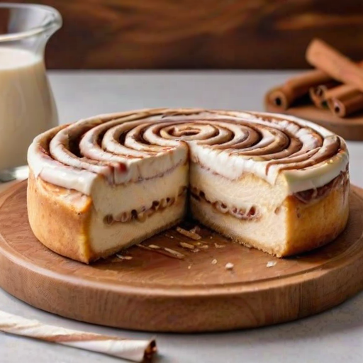 Create a delicious dessert scene featuring a round cinnamon roll cheesecake on a wooden serving board. The cheesecake has a smooth, creamy surface with swirls of cinnamon on top, and one slice has been cut out, showcasing the layers inside. In the background, include a small pitcher of cream and some cinnamon sticks for added detail.