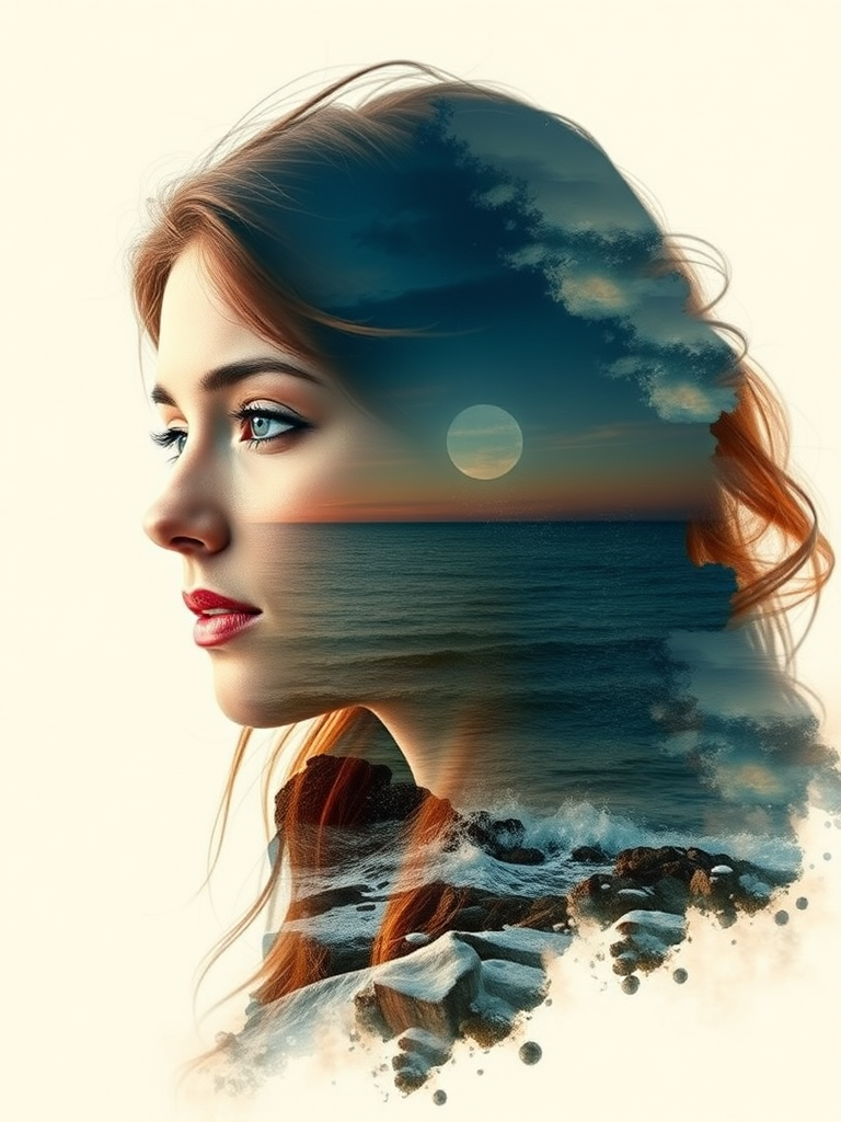 design Book cover, A surreal double exposure portrait that blends a woman's face with a beautiful seascape. The overall mood is dreamy and mystical, with rich colors and intricate details