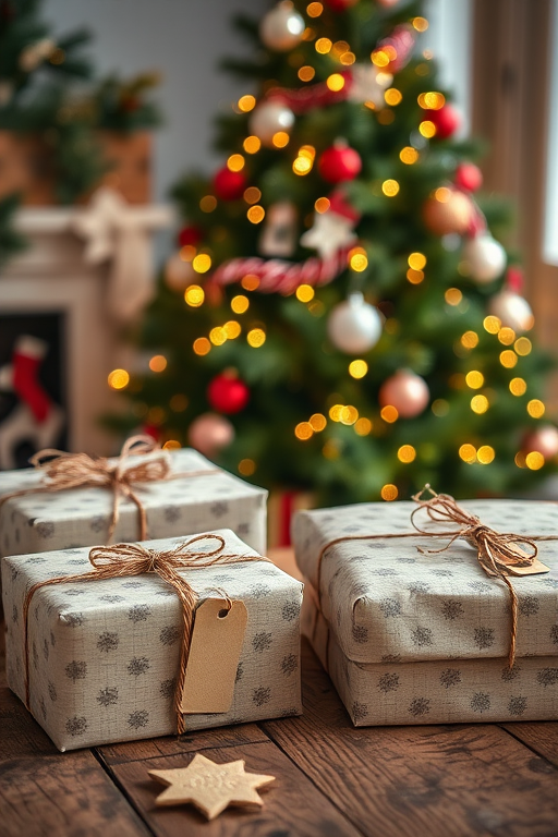 Create an image of beautifully wrapped Christmas presents with twine and tags, placed on a rustic wooden table. In the background, there is a softly lit Christmas tree adorned with warm lights and festive decorations, creating a cozy holiday atmosphere.