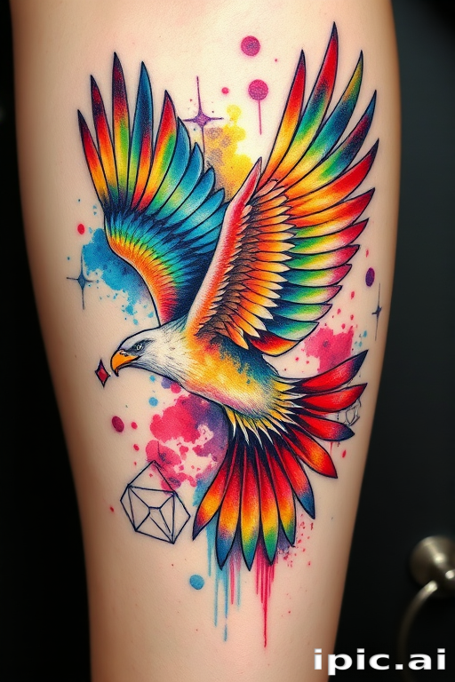 Vibrant watercolor splash tattoo featuring a soaring eagle with rainbow feathers, blending seamlessly into a cosmic nebula backdrop, incorporating intricate geometric patterns and delicate line work for a stunning fusion of realism and abstraction