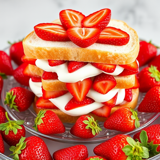 A deliciously arranged strawberry sandwich cake with layers of fresh strawberries and whipped cream between soft white bread served on a clear glass plate surrounded by whole strawberries.