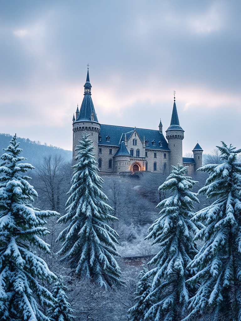 capture an enchanting winter castle scene with soft snowfall, snow-covered trees in the foreground, and a dramatic sky, using a DSLR camera with a 50mm lens, f/1.8 aperture, ISO 100, and a shutter speed of 1/200s, in landscape orientation for a high-resolution image.