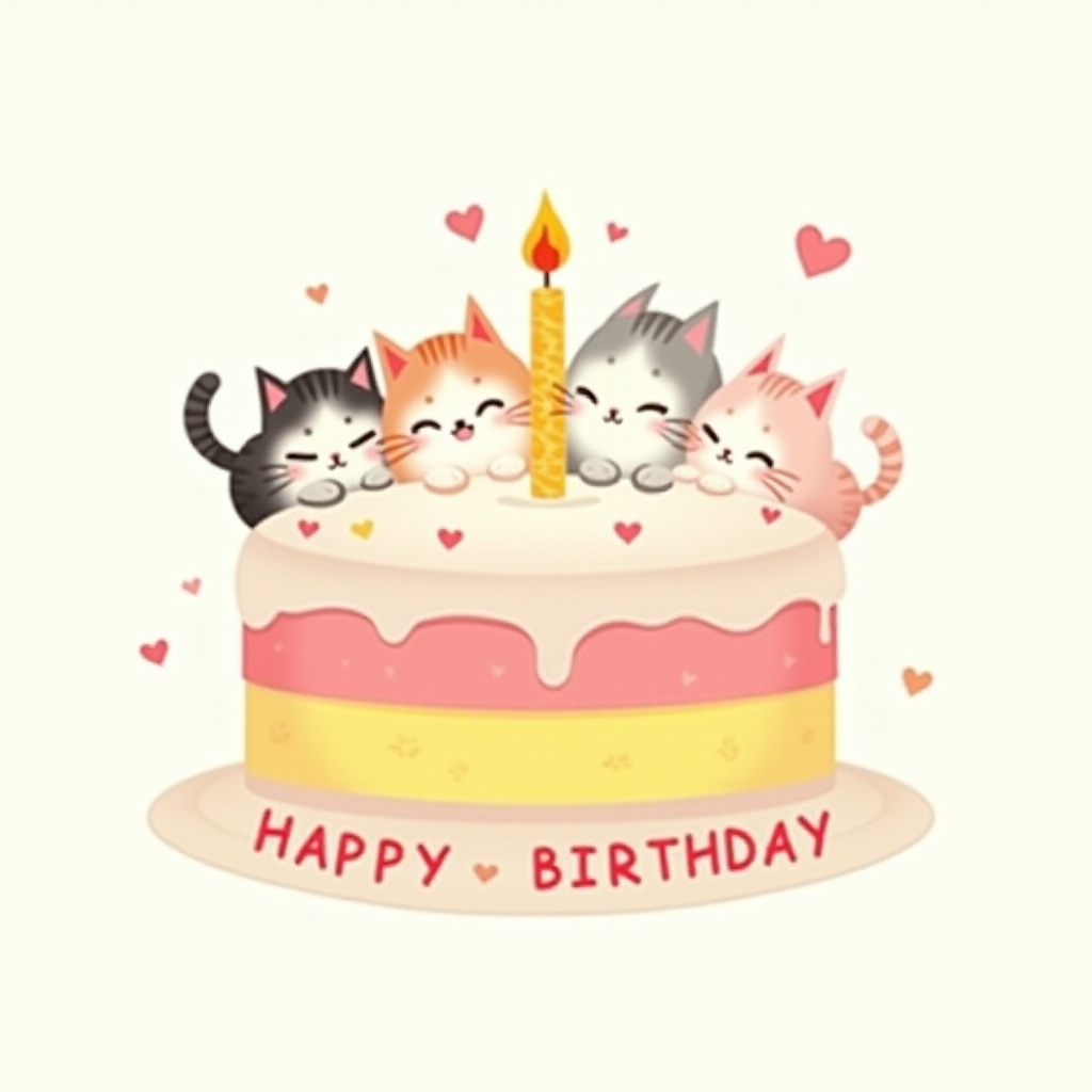 Create a whimsical illustration featuring four cute kittens hugging a layered birthday cake. The cake should have pink and yellow icing, topped with a single candle. Add small hearts around the scene and include the words "Happy Birthday" in a playful font at the bottom.