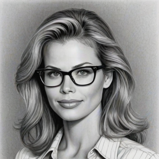 Lovely Brooke Burns, pencil sketch, portrait of Fetching woman 1980s in glasses, hair style beatnik, outline, clear lines, fine lines, 8k