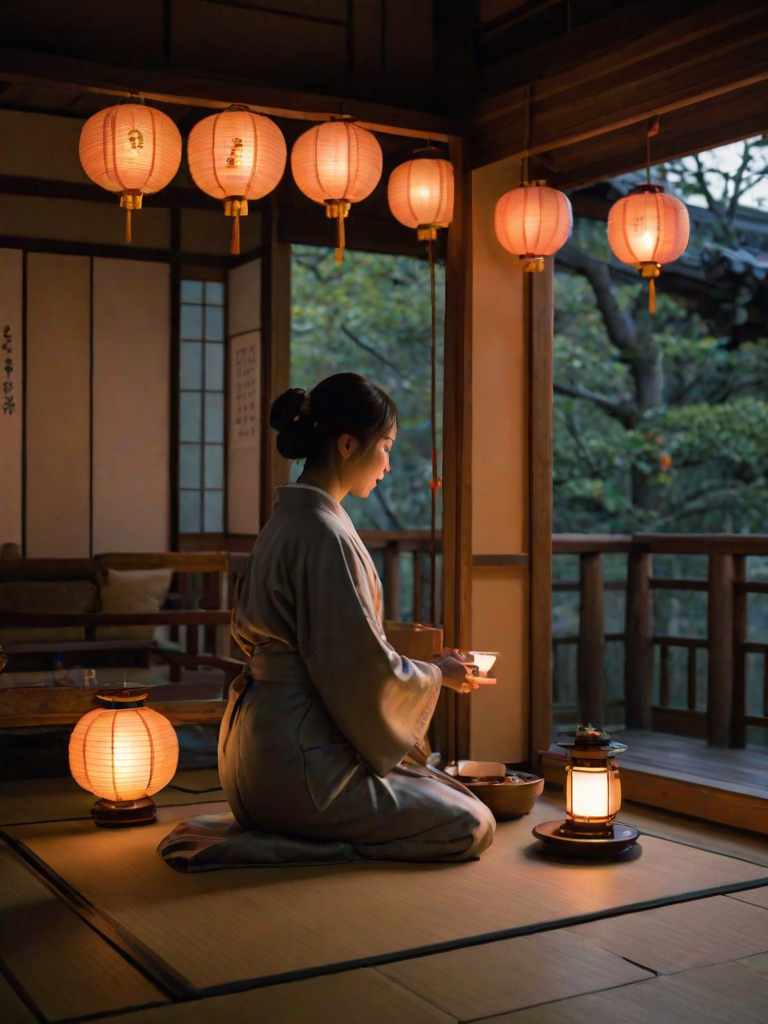 Quiet tea house at dusk, lanterns hanging from the eaves, a woman in a silk robe sits on the tatami floor, carefully pouring tea into delicate cups as the soft glow of the lanterns flickers.