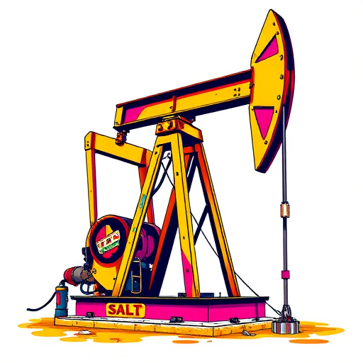 Create a high-resolution illustration of an oil pump jack in a detailed graphic style with vibrant colors, using a DSLR camera at f/8 aperture, 50mm lens, 1/250s shutter speed, and a slight tilt to emphasize depth.