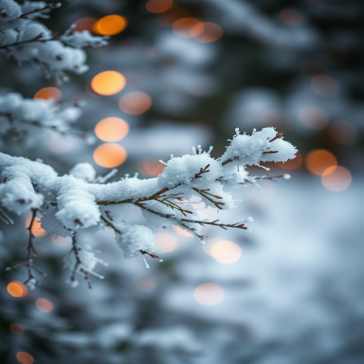 Create an image of a snowy tree branch with soft white snow covering the needles and blurred warm golden lights in the background creating a cozy winter atmosphere