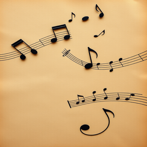Create an artistic representation of musical notes flowing over a textured vintage paper background, captured with a DSLR camera at 50mm focal length, f/8 aperture, ISO 100, soft natural lighting for enhanced detail and warmth.