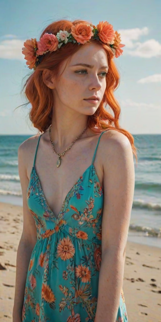 A vivid portrayal of a young woman with striking orange hair, adorned with a floral crown, standing on a sandy beach. She wears a bright pink dress with intricate patterns and a large turquoise pendant. Her pose is contemplative, with her gaze directed away from the camera, lost in thought. In the background, two other individuals can be seen walking along the shore, and the azure ocean stretches out to the horizon. The sky is a clear blue with fluffy white clouds, suggesting a sunny day. The overall style of the image is contemporary, with a touch of bohemian flair, emphasized by the woman's vibrant hair and the casual beach setting.