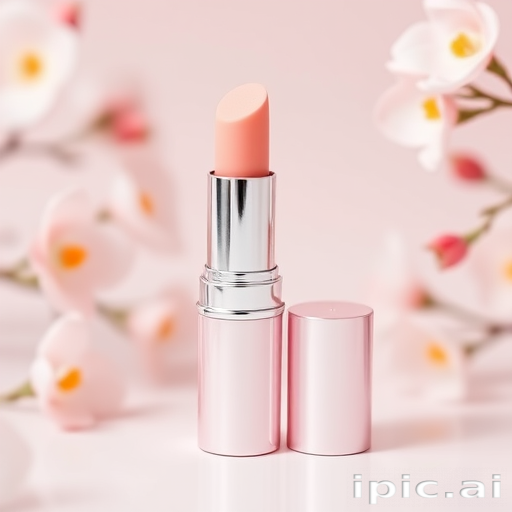 Charming "Peach Blossom" lip mousse with velvety texture, soft peachy-pink shade for a fresh and youthful appearance, ideal for spring and summer