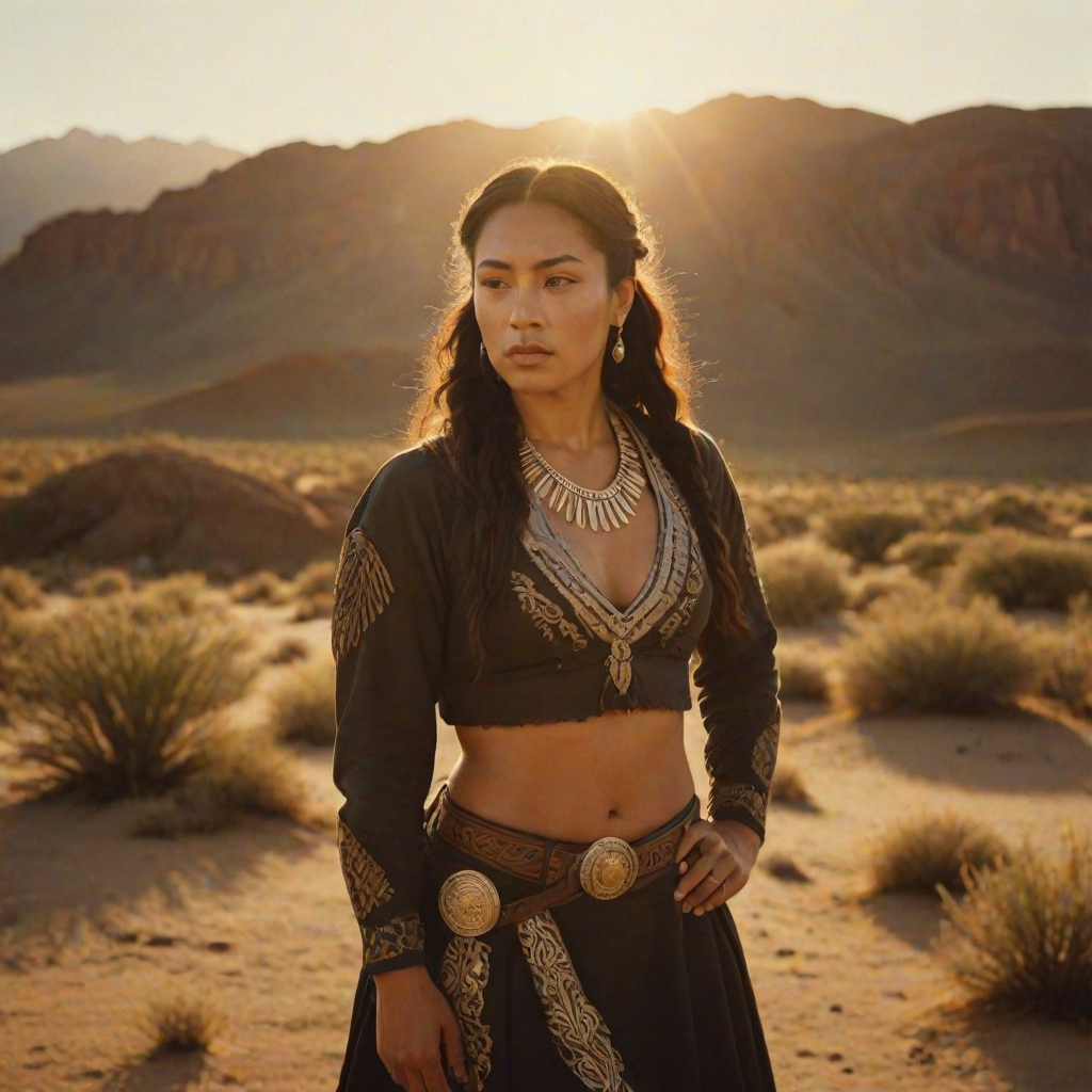 Dramatic photo of a beautiful Maori woman, classic cowboy attire, confident and free spirit expression, half-length portrait, centered, golden hour desert landscape, warm, diffused light, low angle, medium format film camera, in style of Annie Leibovitz.