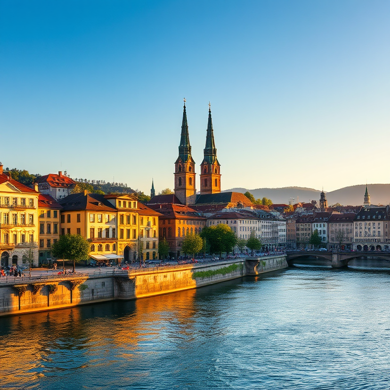 capture a vibrant cityscape of Zurich with the Limmat River in the foreground, featuring historic buildings, two prominent church towers, and a clear blue sky, use a Canon EOS R5 camera, 24mm lens, f/8 aperture, ISO 100, shutter speed 1/200 sec, golden hour lighting for enhanced color saturation and sharpness