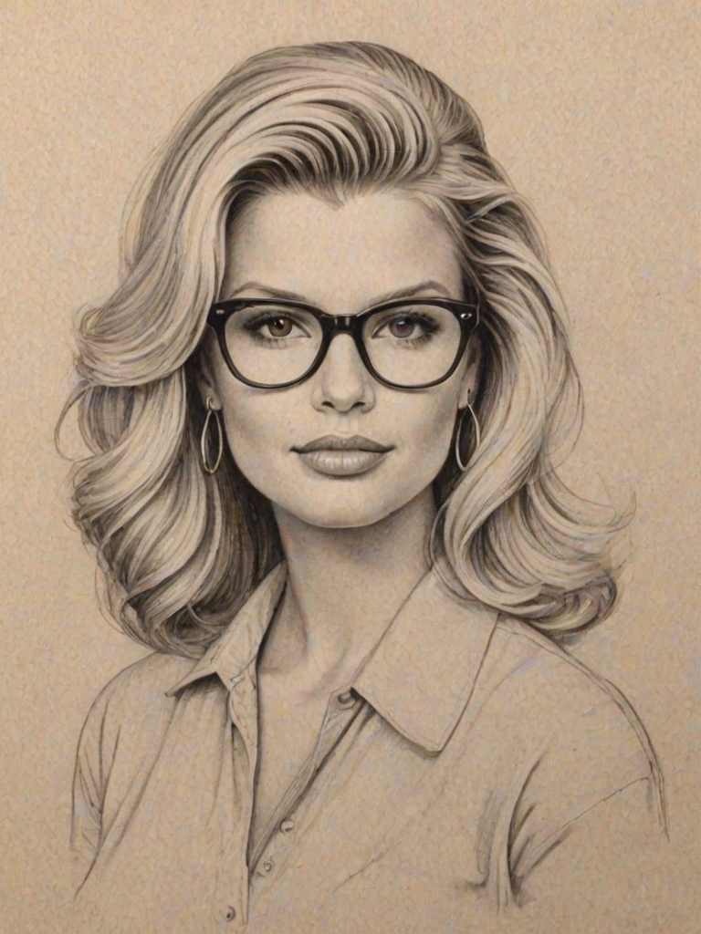 Fascinating Jessica Simpson, pencil sketch, portrait of Delightful woman 1952s in glasses, hair style beatnik, outline, clear lines, fine lines, 8k