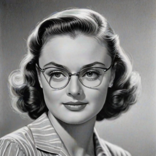 Wonderful Donna Reed, pencil sketch, portrait of Beauteous woman 1938s in glasses, hair style beatnik, outline, clear lines, fine lines, 8k