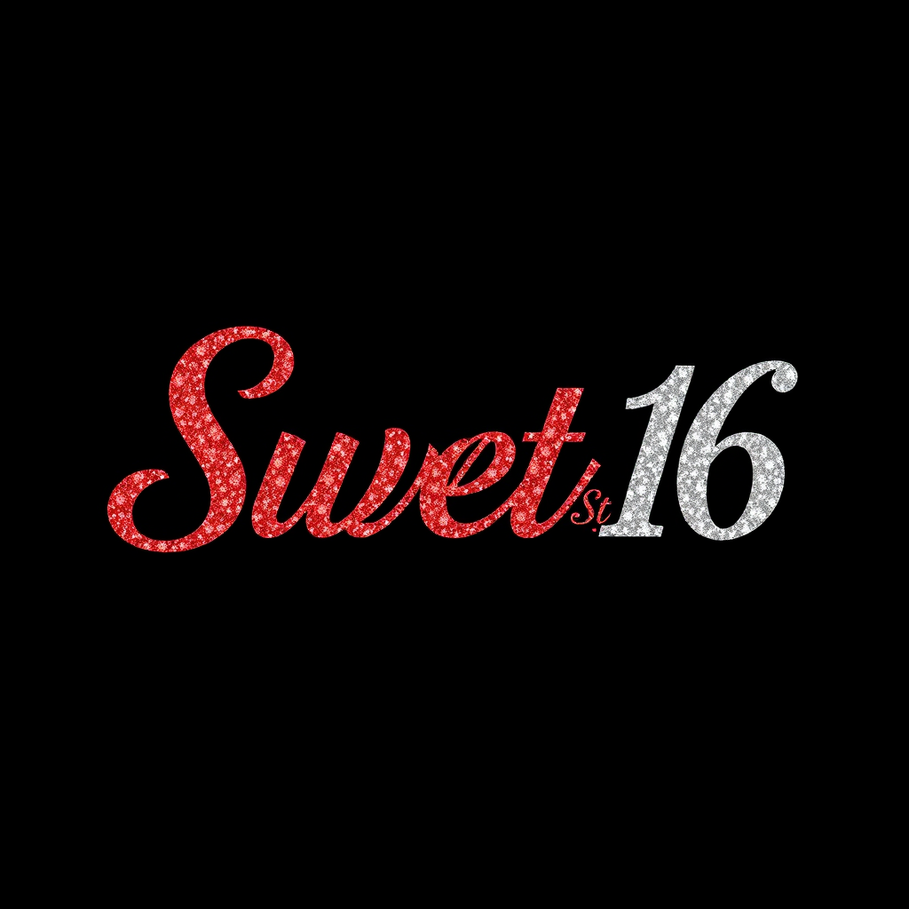 Create an image of the text "Sweet 16" in glittering red and elegant silver typography on a solid black background, using a DSLR camera with a 50mm lens, aperture f/2.8, ISO 100, and a soft focus to enhance the visual quality.