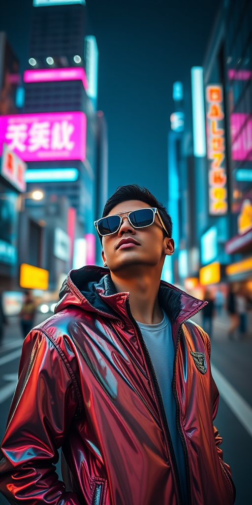 A futuristic cityscape at night featuring a person in a shiny metallic jacket and stylish sunglasses, vibrant neon lights illuminating the surroundings, shot with a Canon EOS R5 at 50mm, f/1.8, ISO 200, with a cinematic perspective and high dynamic range.