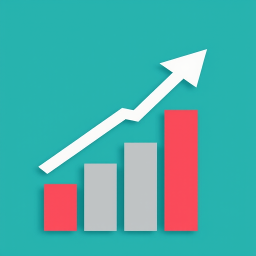 Create a minimalist design of a stylized upward arrow and bar graph on a solid teal background, using a DSLR camera with a 50mm lens, aperture set to f/2.8, shutter speed at 1/200s, and ISO 100 for enhanced image quality.