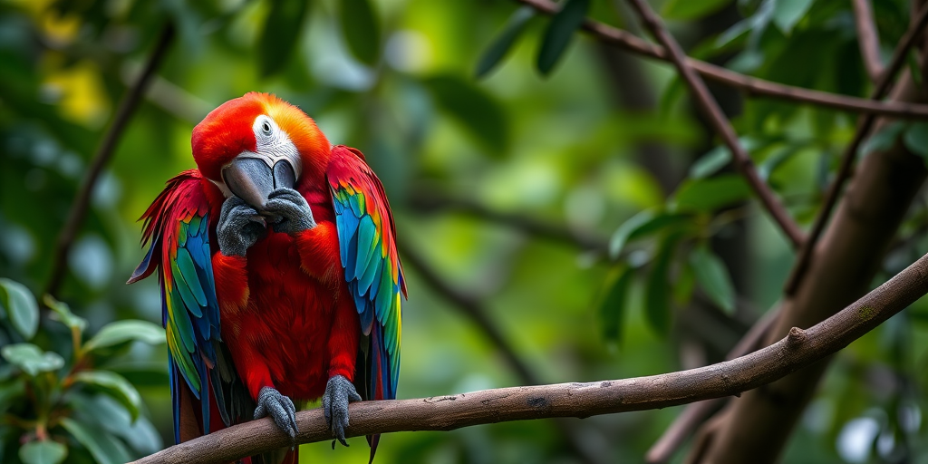A vibrant scarlet macaw perched on a tree branch, grooming its feathers amidst green foliage, captured with a DSLR camera, 50mm lens, aperture f/2.8, ISO 200, 1/250 sec, natural light, shallow depth of field for a blurred background.