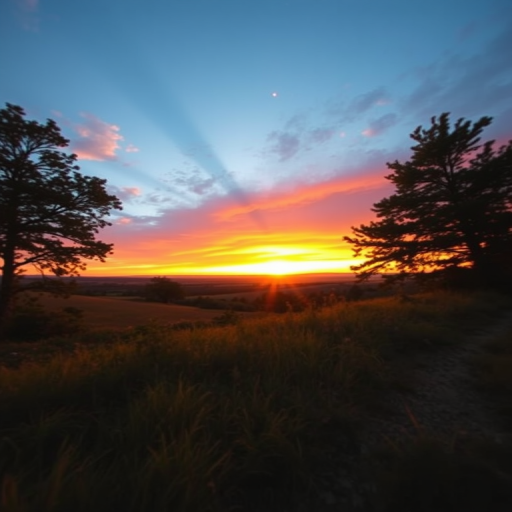 photograph of a serene landscape at sunset with vibrant colors, camera settings: ISO 100, f/11, 1/125 sec, camera view: wide-angle, camera style: landscape photography, camera type: DSLR