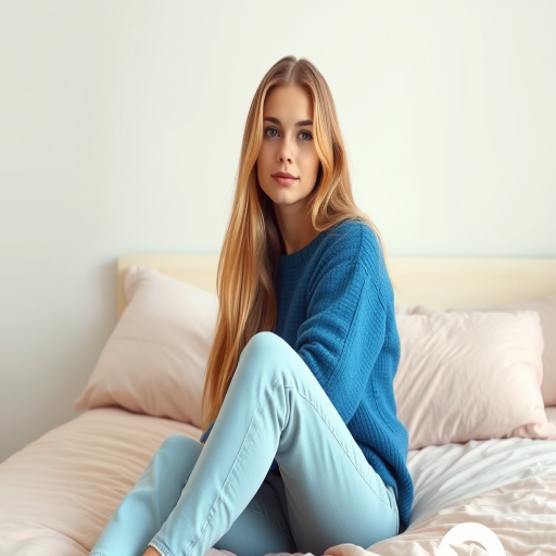 A young woman with long blonde hair sitting on a bed, wearing a blue sweater and light blue jeans, soft pastel colors in the background, natural light, aperture f/4, ISO 100, 50mm lens, portrait orientation, digital painting style.