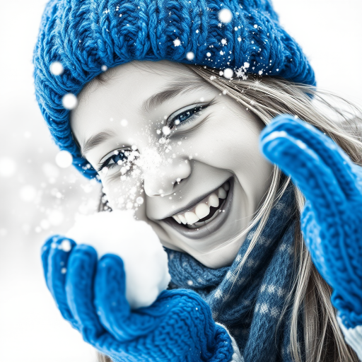 A hyperdetailed photorealistic macro image black and white pencil sketch of a young girl getting hit by a snowball during a snowball fight. She is wearing a brilliant sapphire blue wool beanie and bright blue mittens. She is trying to block the snowball by putting her hands up. The snowball hits her beanie and disintegrates into myriad tiny snowflakes caught with high speed photography. The girl is laughing and having a wonderful time.