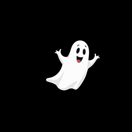 Create a stylized illustration of a friendly ghost with a playful expression on a plain black background, using a Canon EOS R5 camera, 50mm lens, f/1.8 aperture, ISO 100, and shooting in RAW format to enhance image quality.